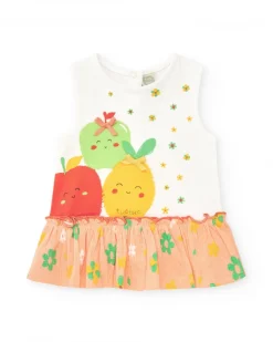 Conjunto para niña con blusa salmón y braguita amarilla con bordados