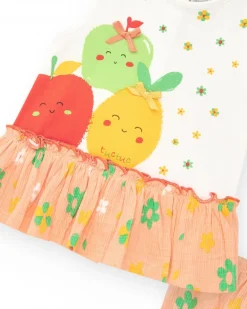 Conjunto para niña con blusa salmón y braguita amarilla con bordados