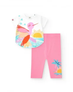 Conjunto para niña con camiseta blanca de colibrí y leggings ciclistas rosas