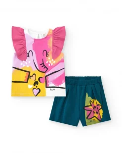 Conjunto para niña con camiseta de elefante y short azul