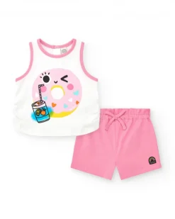Conjunto para niña con camiseta blanca y short rosa con lazo