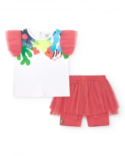 Conjunto para niña con camiseta blanca de mangas de tul y legging rosa con falda de tul