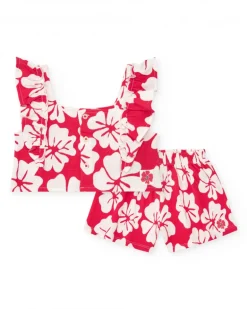 Conjunto para niña con camiseta de volantes y short floral en rojo y blanco