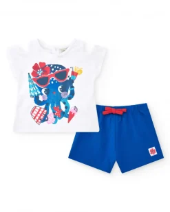 Conjunto para niña con camiseta de pulpo y short azul con lazo rojo