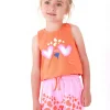 Conjunto para niña con camiseta naranja de animal y short rosa de manchas