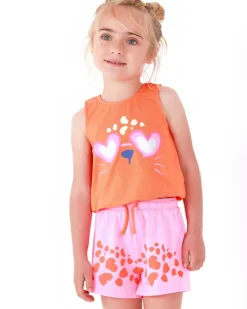 Conjunto para niña con camiseta naranja de animal y short rosa de manchas