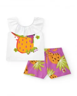 Conjunto para niña con camiseta blanca de piña y shorts morados frutales
