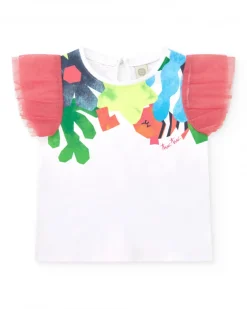 Conjunto para niña con camiseta blanca de mangas de tul y legging rosa con falda de tul