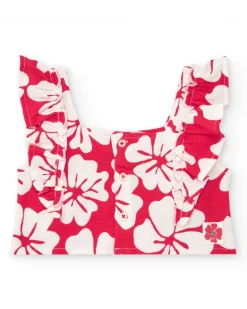 Conjunto para niña con camiseta de volantes y short floral en rojo y blanco