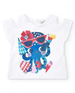 Conjunto para niña con camiseta de pulpo y short azul con lazo rojo
