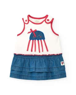 Conjunto para niña con camiseta blanca de medusa y falda denim de volantes