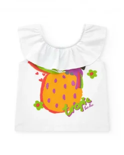 Conjunto para niña con camiseta blanca de piña y shorts morados frutales