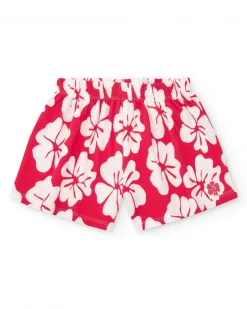 Conjunto para niña con camiseta de volantes y short floral en rojo y blanco