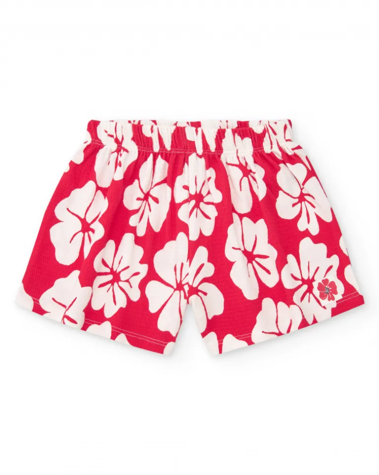 Conjunto para niña con camiseta de volantes y short floral en rojo y blanco