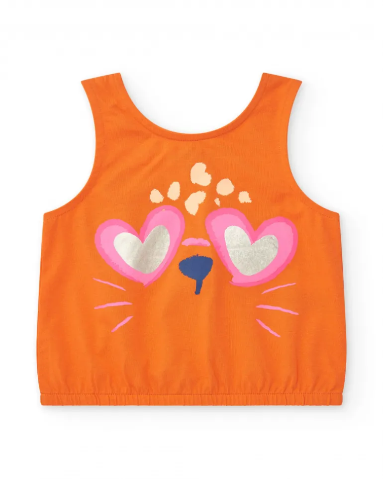 Conjunto para niña con camiseta naranja de animal y short rosa de manchas