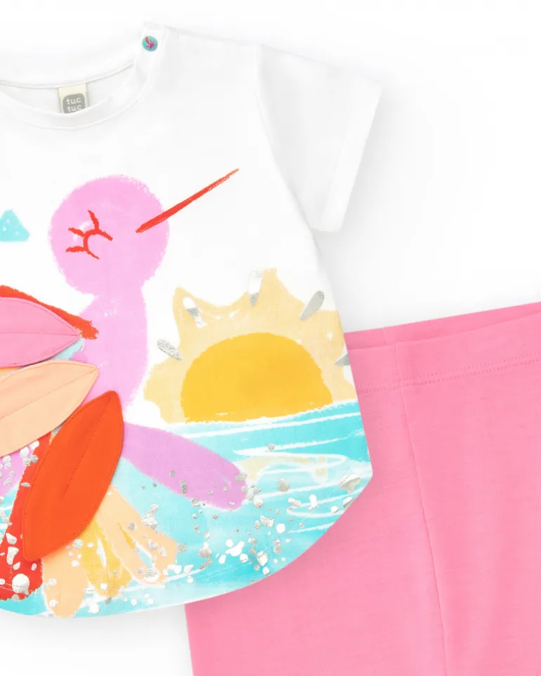 Conjunto para niña con camiseta blanca de colibrí y leggings ciclistas rosas