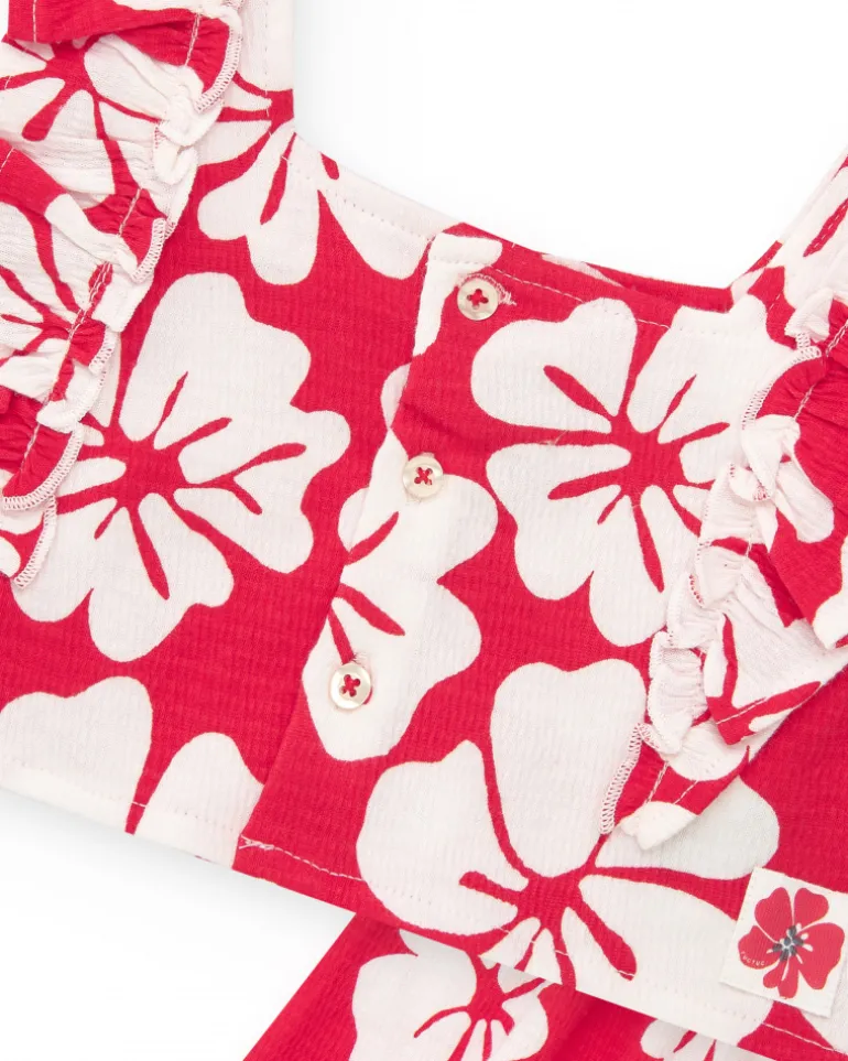 Conjunto para niña con camiseta de volantes y short floral en rojo y blanco