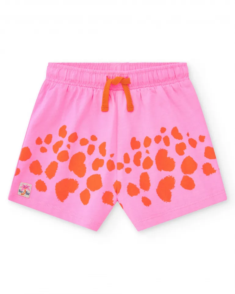 Conjunto para niña con camiseta naranja de animal y short rosa de manchas