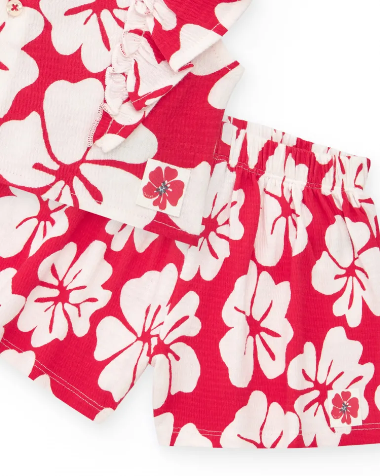 Conjunto para niña con camiseta de volantes y short floral en rojo y blanco