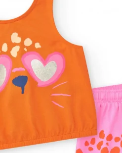 Conjunto para niña con camiseta naranja de animal y short rosa de manchas