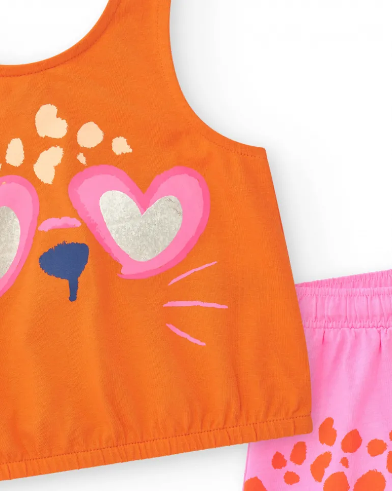 Conjunto para niña con camiseta naranja de animal y short rosa de manchas