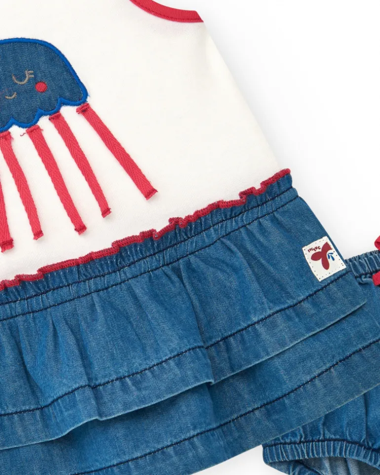 Conjunto para niña con camiseta blanca de medusa y falda denim de volantes