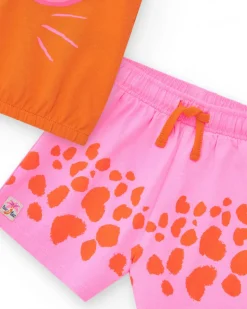 Conjunto para niña con camiseta naranja de animal y short rosa de manchas