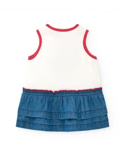 Conjunto para niña con camiseta blanca de medusa y falda denim de volantes