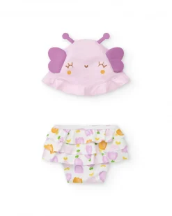 Conjunto para niña con gorro rosa de mariposa y braguita blanca
