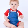 Conjunto para niña con peto vaquero bordado de ballena y camiseta roja