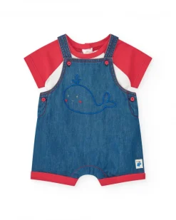 Conjunto para niña con peto vaquero bordado de ballena y camiseta roja