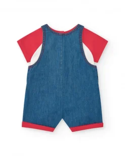 Conjunto para niña con peto vaquero bordado de ballena y camiseta roja