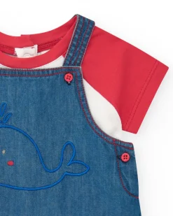 Conjunto para niña con peto vaquero bordado de ballena y camiseta roja