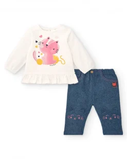 Conjunto para niña en color crema y azul con estampado de gatitos colección Lovely Kittens