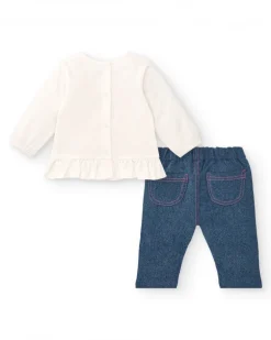 Conjunto para niña en color crema y azul con estampado de gatitos colección Lovely Kittens