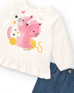 Conjunto para niña en color crema y azul con estampado de gatitos colección Lovely Kittens