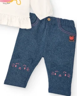 Conjunto para niña en color crema y azul con estampado de gatitos colección Lovely Kittens
