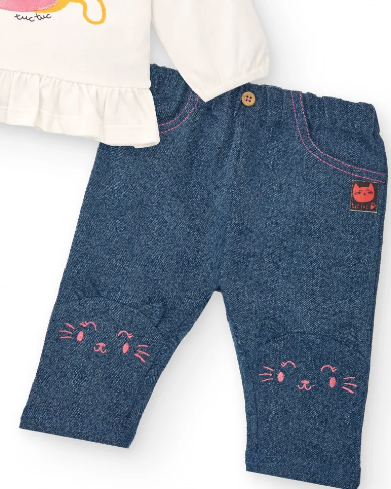 Conjunto para niña en color crema y azul con estampado de gatitos colección Lovely Kittens