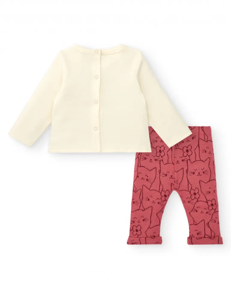 Conjunto para niña en crema y rosa con diseño de gatito colección Lovely Kittens