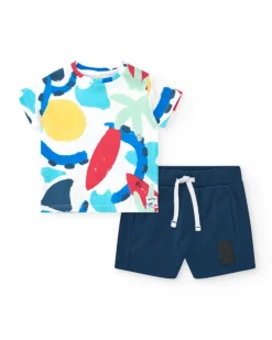 Conjunto para niño con camiseta estampada y bermuda azul ajustable