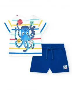 Conjunto para niño con camiseta de rayas y bermuda azul ajustable