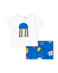 Conjunto para niño con camiseta blanca y pantalón corto azul