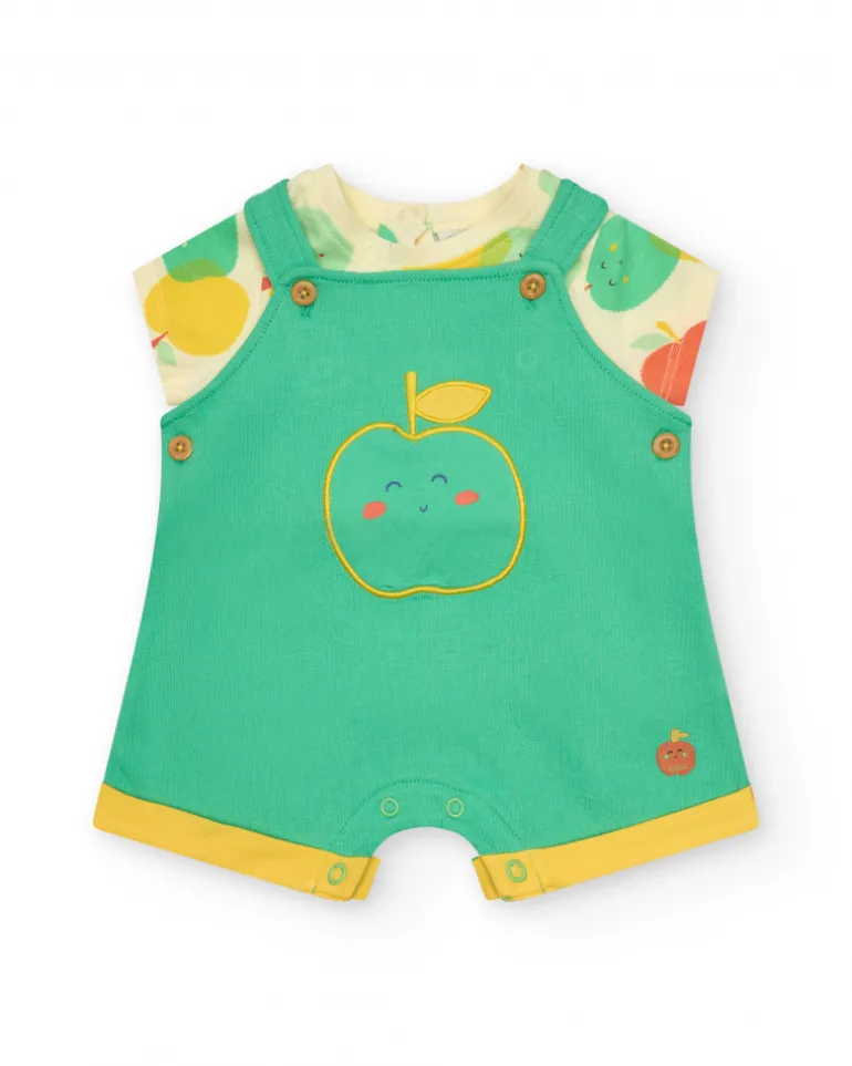 Conjunto para niño con camiseta de manzanas y peto verde con bordado de manzana