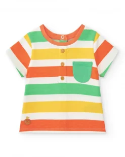 Conjunto para niño con camiseta a rayas y pantalón corto amarillo con bolsillos