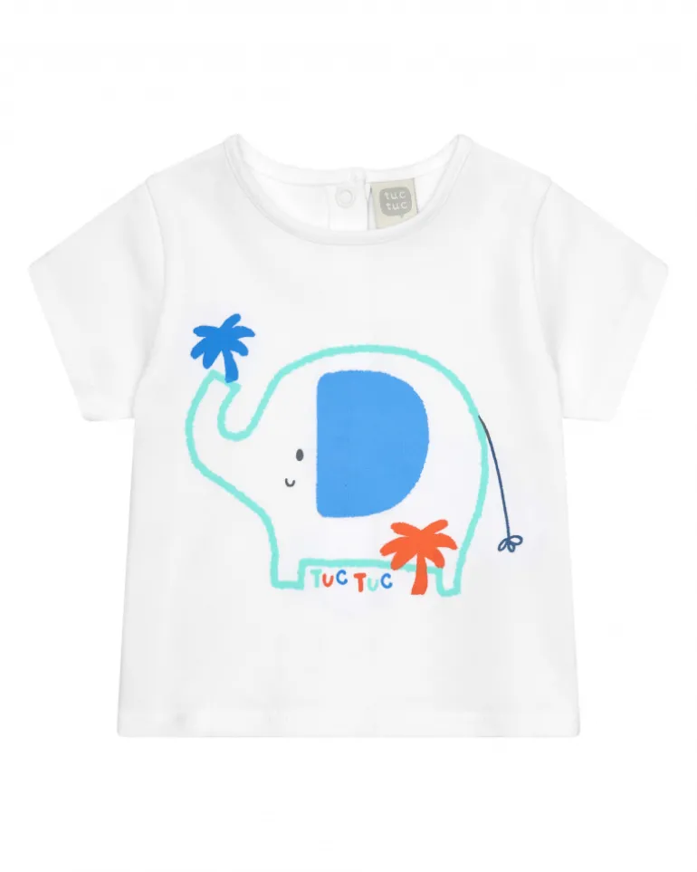 Conjunto para niño con camiseta blanca de elefante, chaqueta azul con capucha y pantalón largo azul