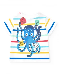 Conjunto para niño con camiseta de rayas y bermuda azul ajustable