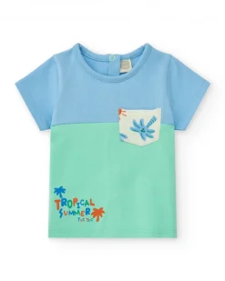 Conjunto para niño con camiseta azul y verde y shorts blancos estampados de palmeras y soles