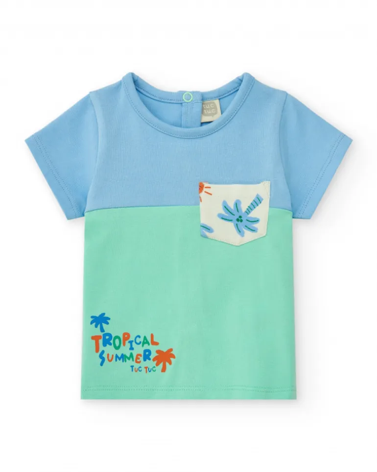 Conjunto para niño con camiseta azul y verde y shorts blancos estampados de palmeras y soles