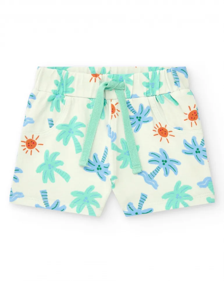 Conjunto para niño con camiseta azul y verde y shorts blancos estampados de palmeras y soles