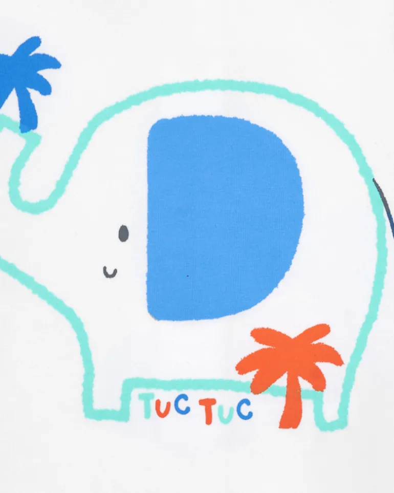 Conjunto para niño con camiseta blanca de elefante, chaqueta azul con capucha y pantalón largo azul